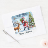 Kerstman en rendier in het besneeuwde bos vierkante sticker (Envelop)