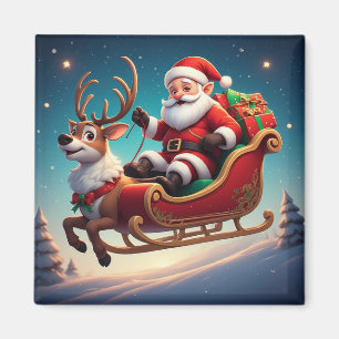 Kerstman en rendier Kerst slee kunstwerk Magneet