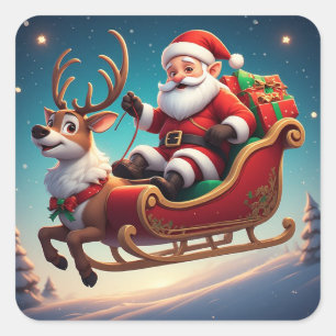 Kerstman en rendier Kerst slee kunstwerk Vierkante Sticker