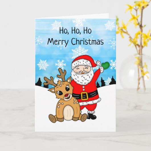 Kerstman en rendier kerstcartoon kaart (Gele Bloem)