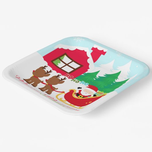 Kerstman en rendier kerstfeest papieren bordje (Gebogen)