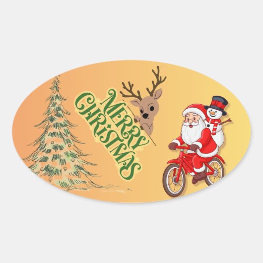 Kerstman en rendier Kerstmis Ovale Sticker (Voorkant)