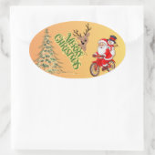 Kerstman en rendier Kerstmis Ovale Sticker (Tas)