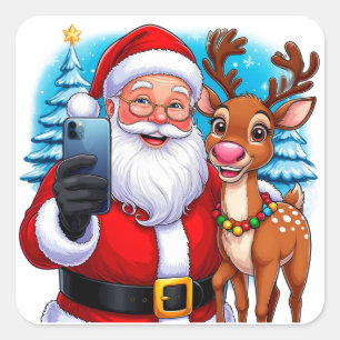 Kerstman en rendier maken een Kerstmis selfie Vierkante Sticker
