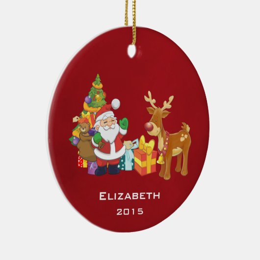 Kerstman en rendier met kerstboom met Cadeaus Keramisch Ornament (Rechts)