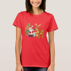 Kerstman en rendier met kerstboom met Cadeaus T-shirt