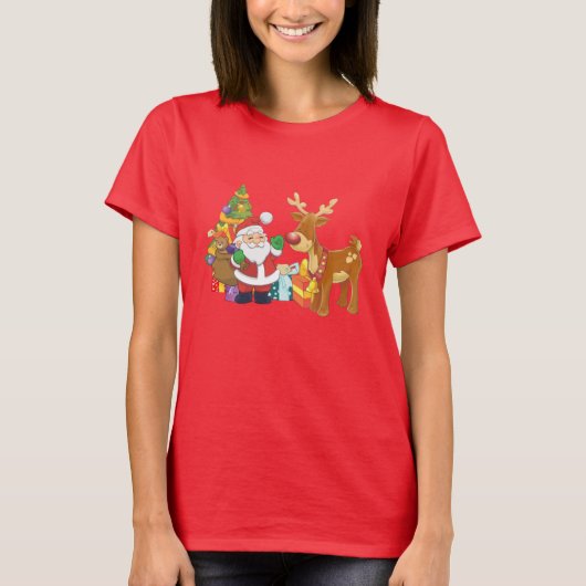 Kerstman en rendier met kerstboom met Cadeaus T-shirt (Voorkant)