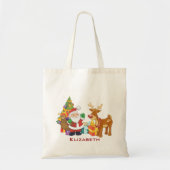 Kerstman en rendier met kerstboom met Cadeaus Tote Bag (Voorkant)