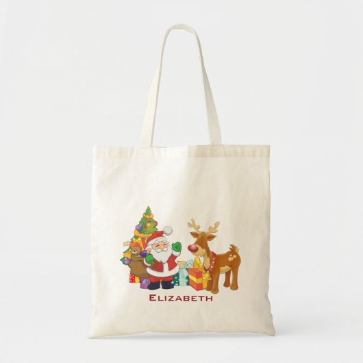 Kerstman en rendier met kerstboom met Cadeaus Tote Bag (Voorkant)