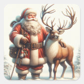 kerstman en rendier nostalgisch kerstfeest vierkante sticker (Voorkant)