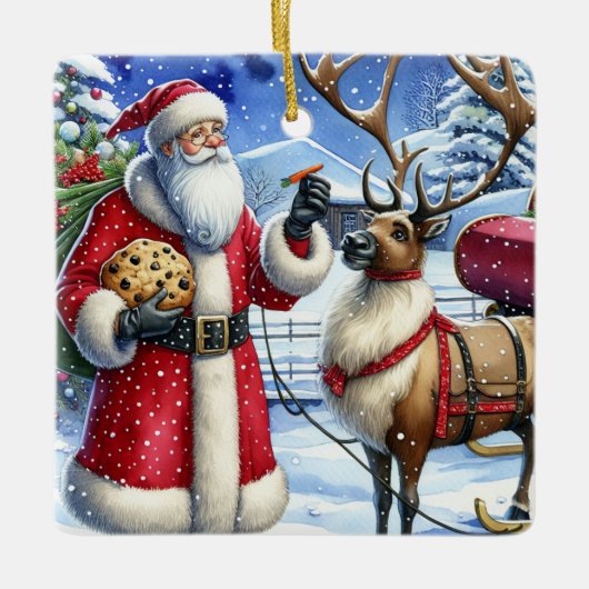 kerstman en rendier op kerst ooit keramisch ornament (Voorkant)