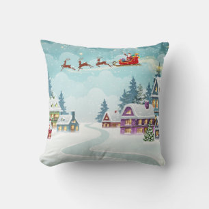 Kerstman en rendier op kerstachtergrond. Winter Kussen