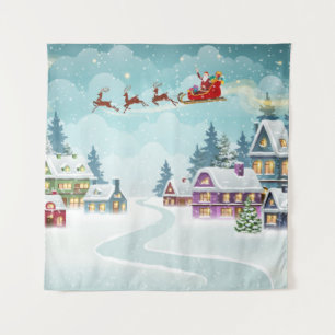 Kerstman en rendier op kerstachtergrond. Winter Wandkleed