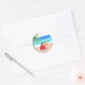 Kerstman en rendier op strand ronde sticker (Envelop)