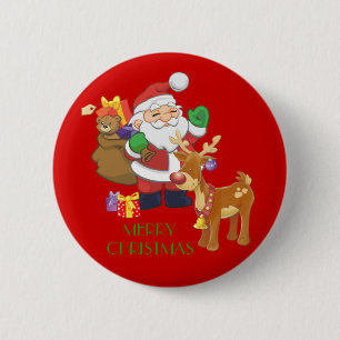 Kerstman en rendier ronde button 5,7 cm