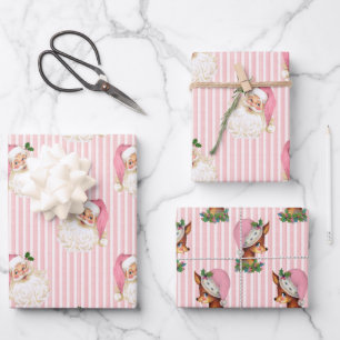 Kerstman en rendier roze streep inpakpapier vintag vel