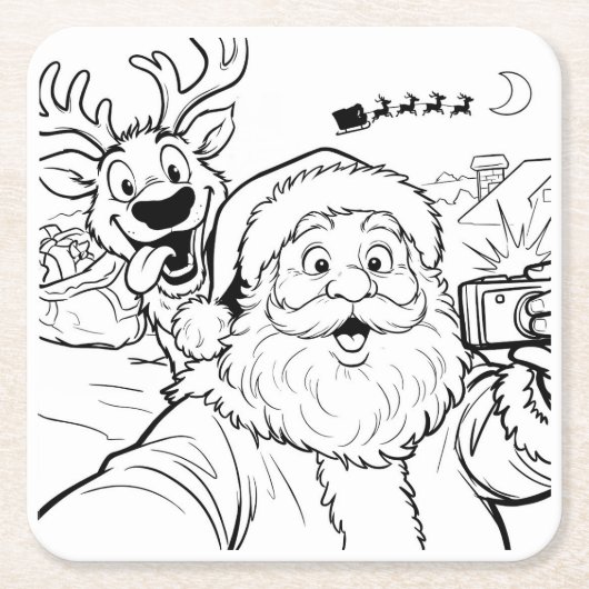 Kerstman en rendier selfie coasters kartonnen onderzetters (Voorkant)