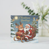 Kerstman en rendier slee feestdagenkaart (Staand voorkant)