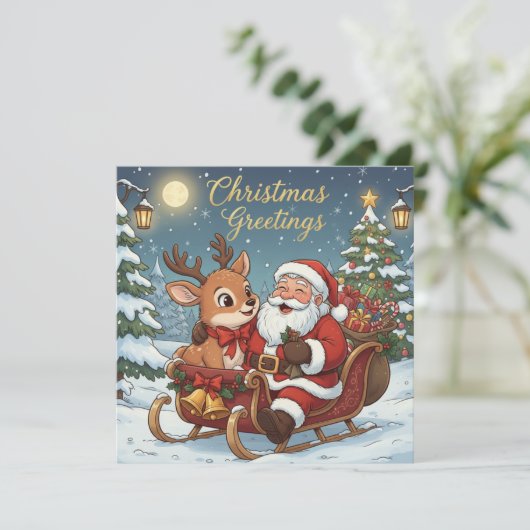 Kerstman en rendier slee feestdagenkaart (Staand voorkant)