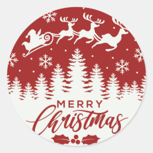 Kerstman en rendier vrolijk kerstfeest   slee ronde sticker