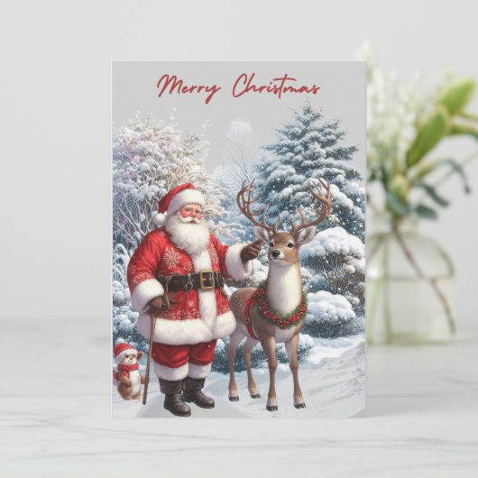 Kerstman en rendier Vrolijke kerstkaart (Staand voorkant)
