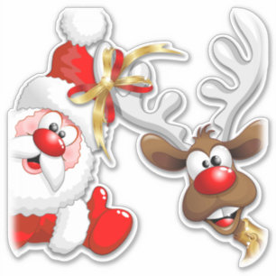 Kerstman en rendier, vrolijke kerstman, Cartoon Sticker