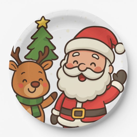 Kerstman en rendier wit papieren bordje (Voorkant)