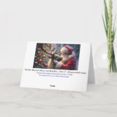 Kerstman en rendieren, besneeuwd bos, kerstboom 1 feestdagen kaart (Achterkant)