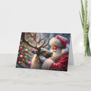 Kerstman en rendieren, besneeuwd bos, kerstboom 1 feestdagen kaart