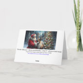 Kerstman en rendieren, besneeuwd bos, kerstboom 2 feestdagen kaart (Achterkant)