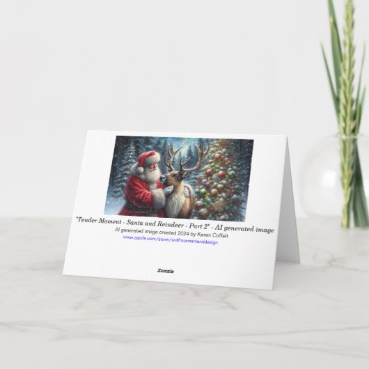 Kerstman en rendieren, besneeuwd bos, kerstboom 2 feestdagen kaart (Achterkant)