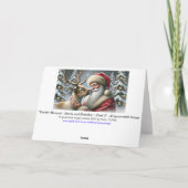 Kerstman en rendieren, besneeuwd bos, kerstboom 3 feestdagen kaart (Achterkant)