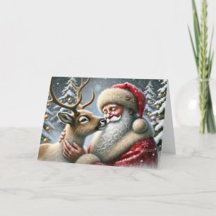 Kerstman en rendieren, besneeuwd bos, kerstboom 3 feestdagen kaart