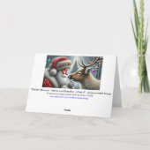 Kerstman en rendieren, besneeuwd bos, kerstboom 4 feestdagen kaart (Achterkant)