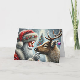 Kerstman en rendieren, besneeuwd bos, kerstboom 4 feestdagen kaart