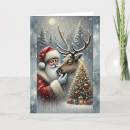 Kerstman en rendieren, besneeuwd bos, kerstboom 5 feestdagen kaart
