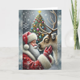 Kerstman en rendieren, besneeuwd bos, kerstboom 6 feestdagen kaart