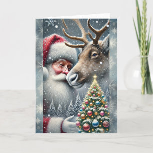 Kerstman en rendieren, besneeuwd bos, kerstboom 7 feestdagen kaart