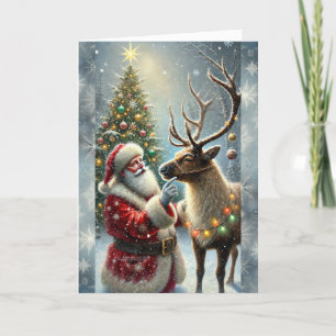 Kerstman en rendieren, besneeuwd bos, kerstboom 8 feestdagen kaart