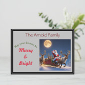 Kerstman en rendieren bij volle maan feestdagenkaart (Staand voorkant)