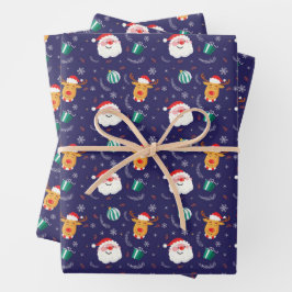 Kerstman en rendieren blauw cadeau inpakpapier vel