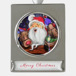 Kerstman en rendieren Grappig kerstornament Verzilverd Banner Ornament
