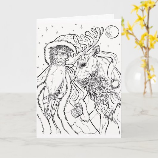 Kerstman en rendieren Kleur je eigen kerst Kaart (Gele Bloem)