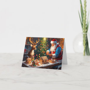 Kerstman en rendieren maken een huis van peperkoek kaart
