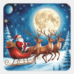 Kerstman en rendieren onder volle Kerstmaan Vierkante Sticker