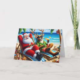 Kerstman en rendieren op het strand Warm klimaat Feestdagen Kaart