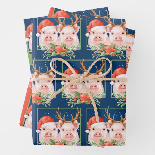 Kerstman en rendieren varkens inpakpapier vel (In situ)