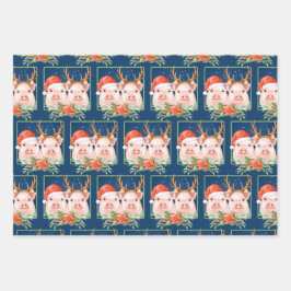 Kerstman en rendieren varkens inpakpapier vel