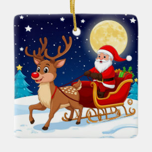 Kerstman en rendieren vliegen door besneeuwde maan keramisch ornament