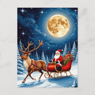 Kerstman en rendieren vliegen over maanverlichte h briefkaart